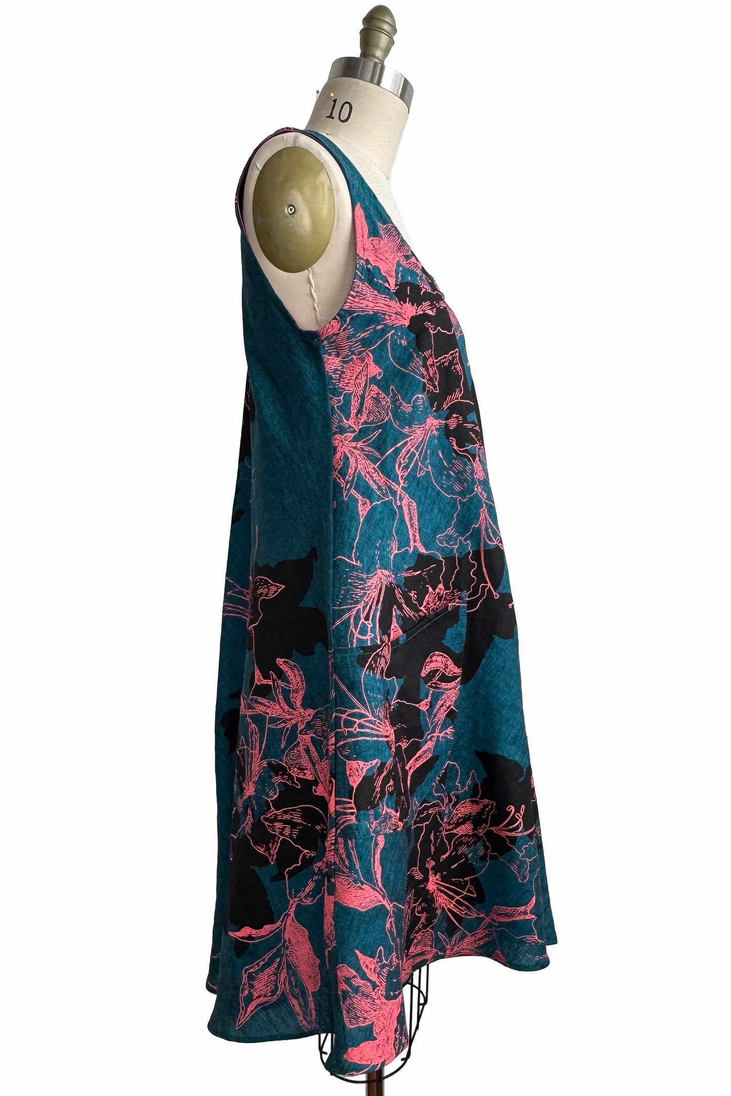 Emilia Dress | Linen | Azalea Print |Turquoise, Pink & Black | Small