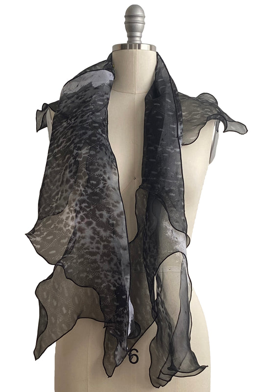 Organza Krazy Scarf w/ Lace Print - Black & Grey