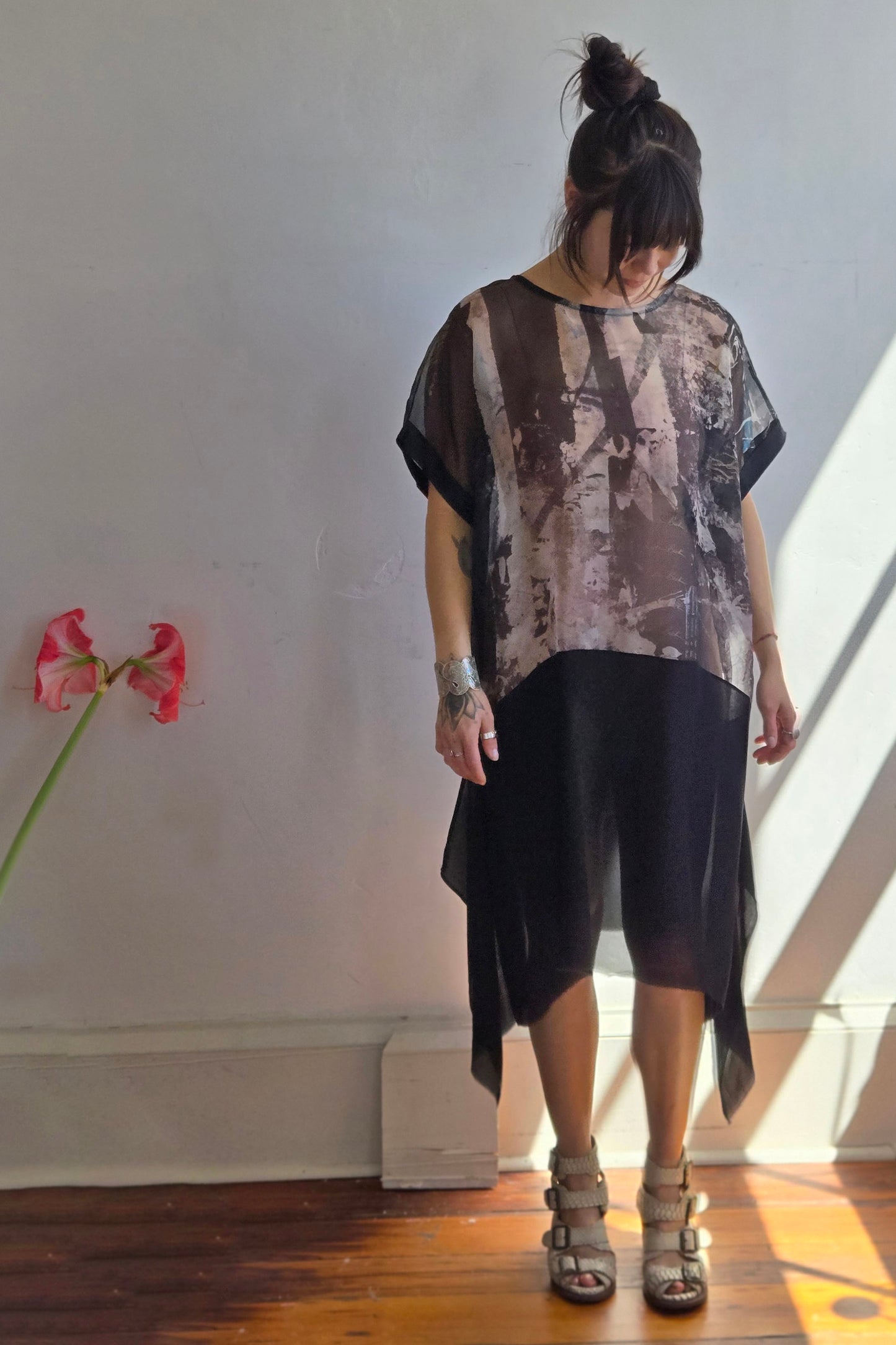 Essa Dress | Silk Organza & Silk Georgette | Cotton Print | Black & Natural | Medium