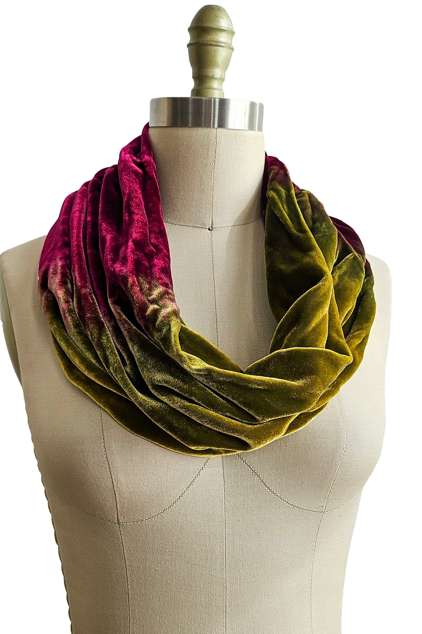 Mobius Slouch Cowl in Silk Velvet w/ Ombre Dye - Magenta & Olive