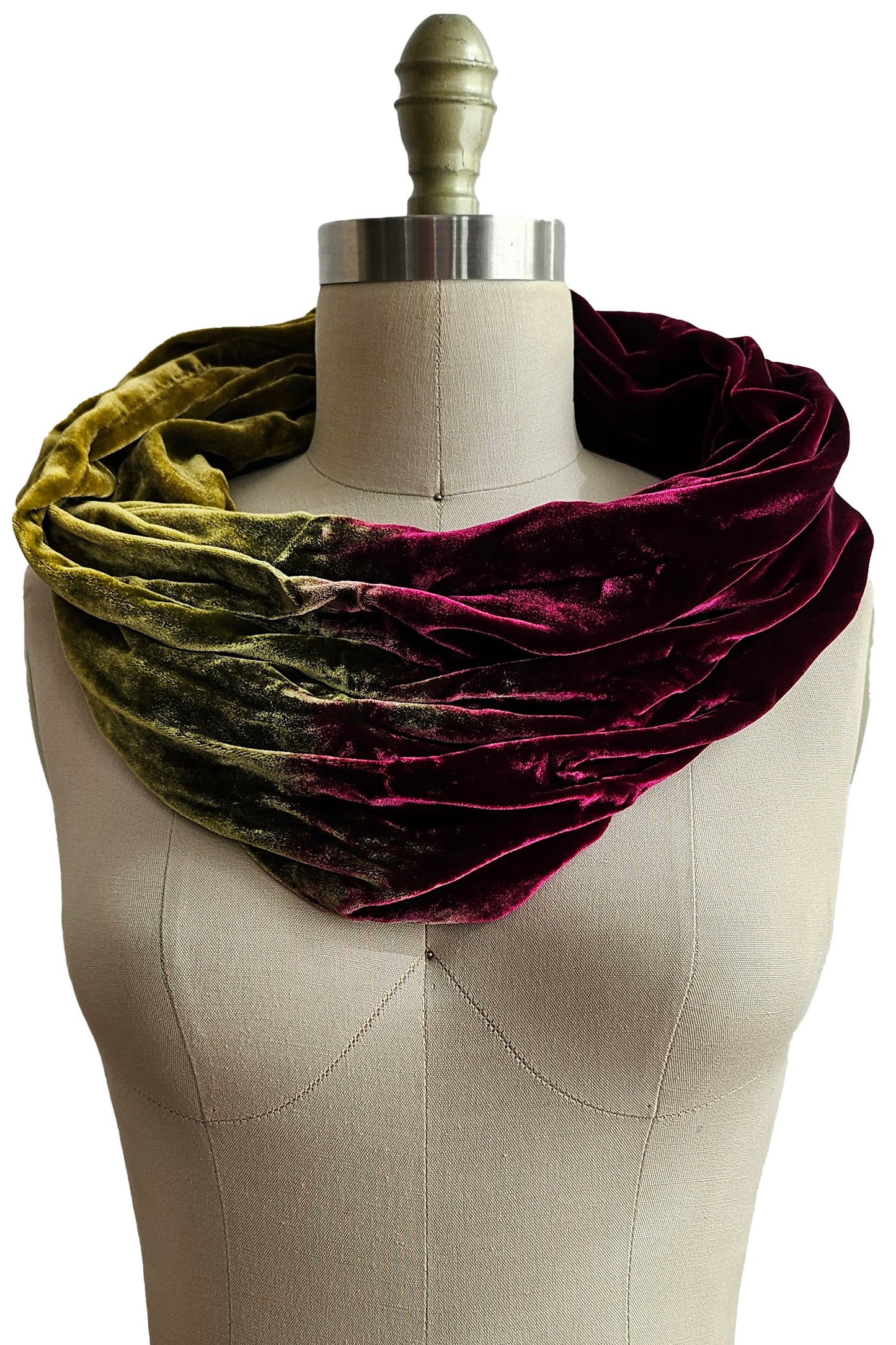 Mobius Slouch Cowl in Silk Velvet w/ Ombre Dye - Magenta & Olive