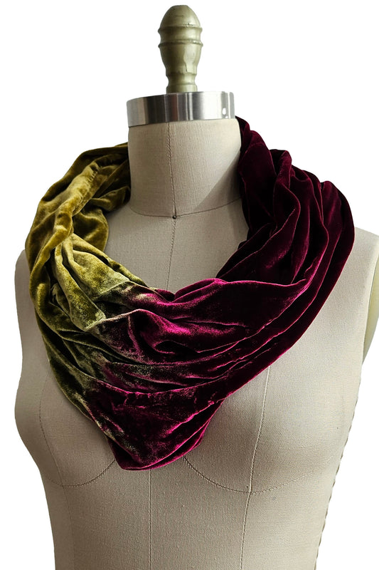 Mobius Slouch Cowl in Silk Velvet w/ Ombre Dye - Magenta & Olive