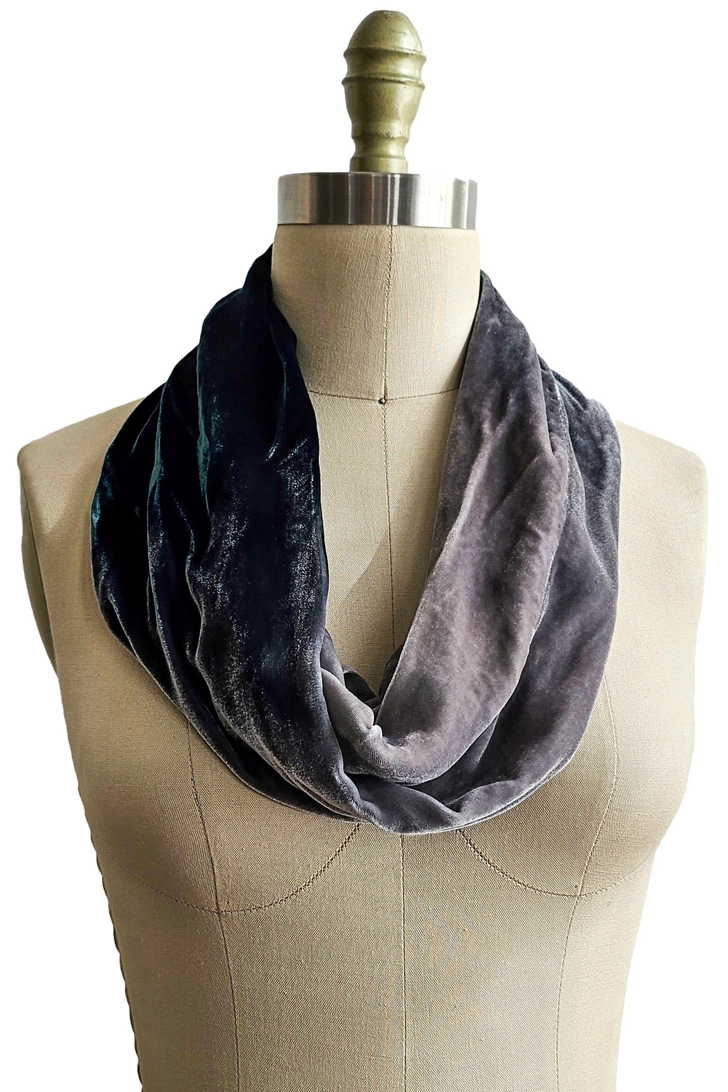 Mobius Slouch Cowl in Velvet w/ Ombre Dye - Dark Teal & Grey