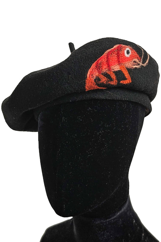 Silk Lined Beret Hat w/ Applique - Black & Orange Crawfish - Medium