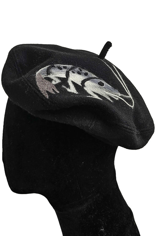 Silk Lined Beret Hat w/ Applique - Black & Grey Crawfish - Medium