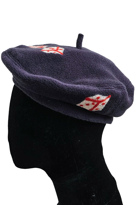 Silk Lined Beret Hat w/ Applique - Navy Blue & Double Dice - Medium