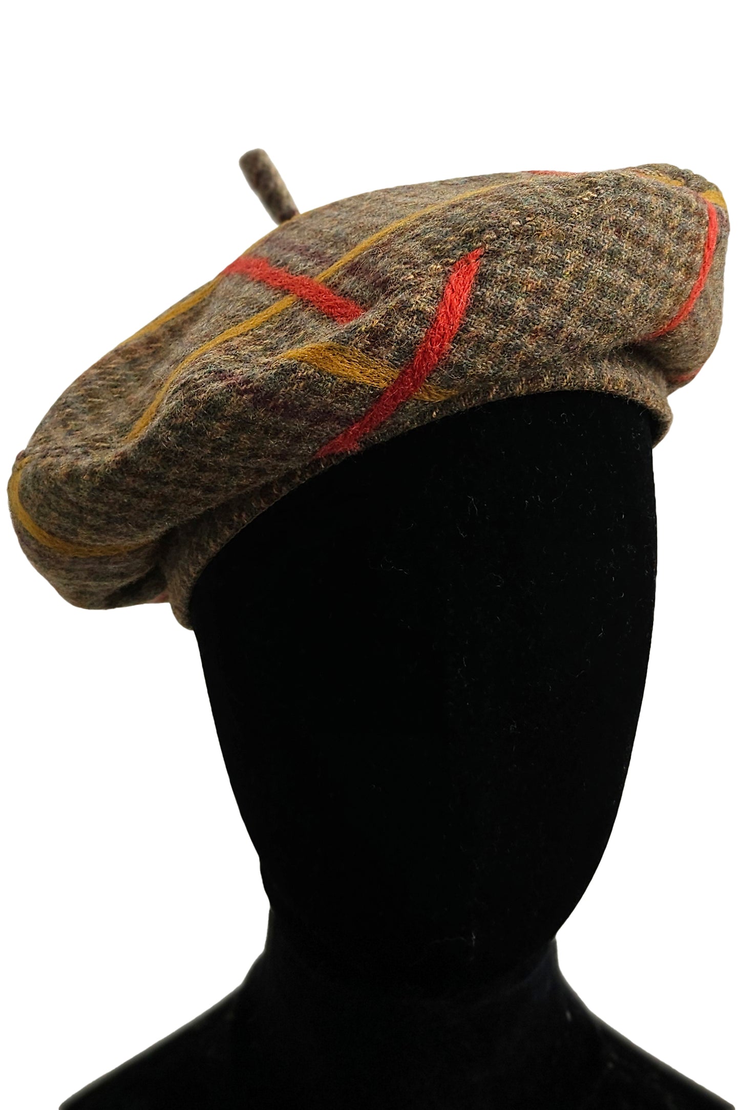 Silk Lined Beret Hat w/ Applique - Houndstooth Brown & Orange, Gold Plaid - Medium