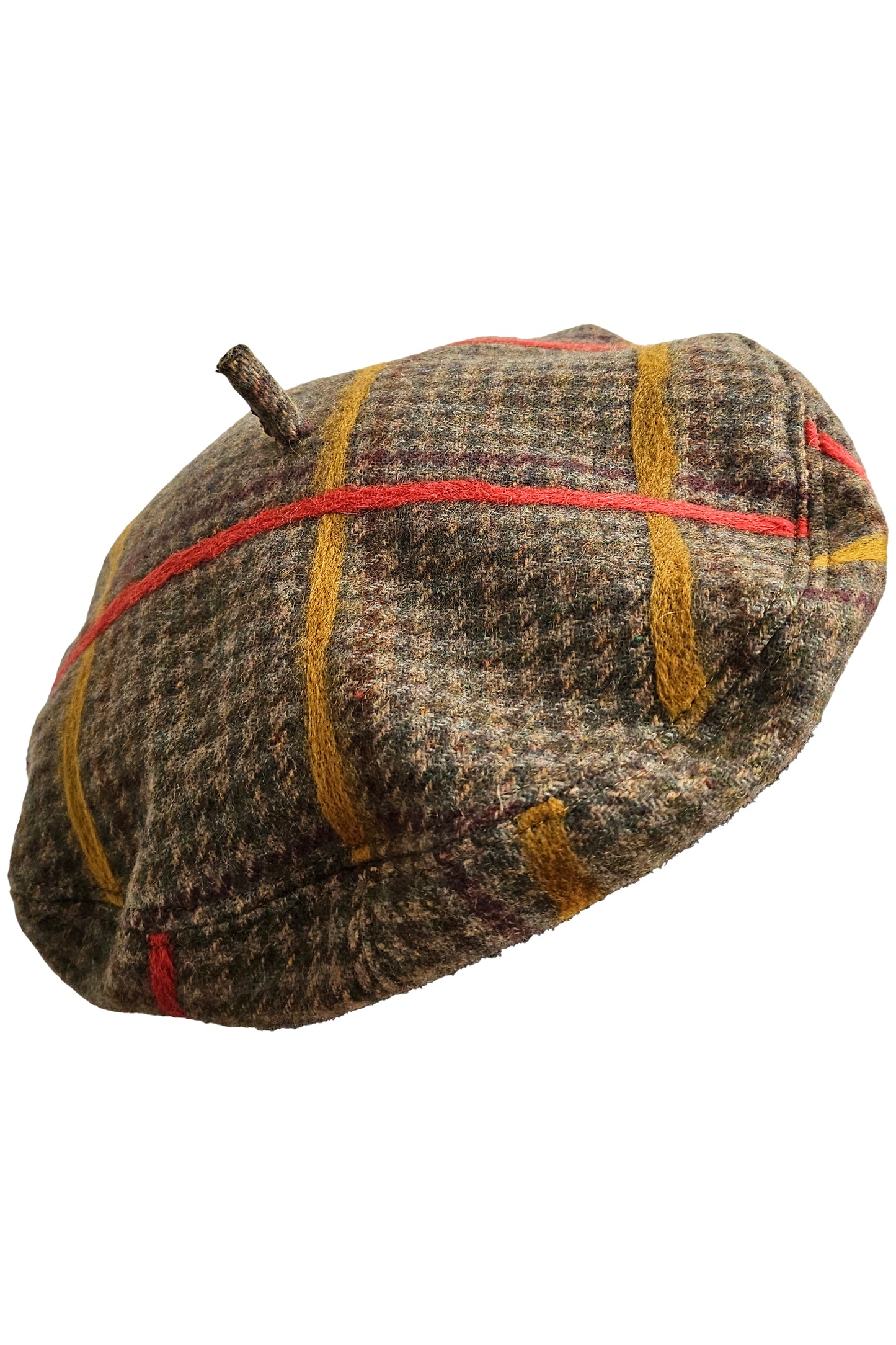 Silk Lined Beret Hat w/ Applique - Houndstooth Brown & Orange, Gold Plaid - Medium