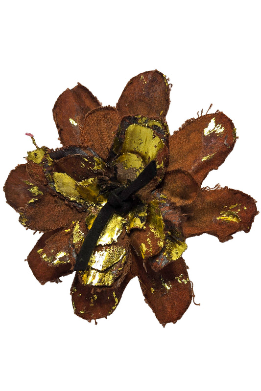 Magnetic Flower Brooch w/ Foil Print - Brown & Gold