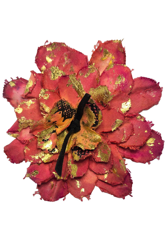 Magnetic Flower Brooch w/ Foil Print - Coral & Orange, Gold