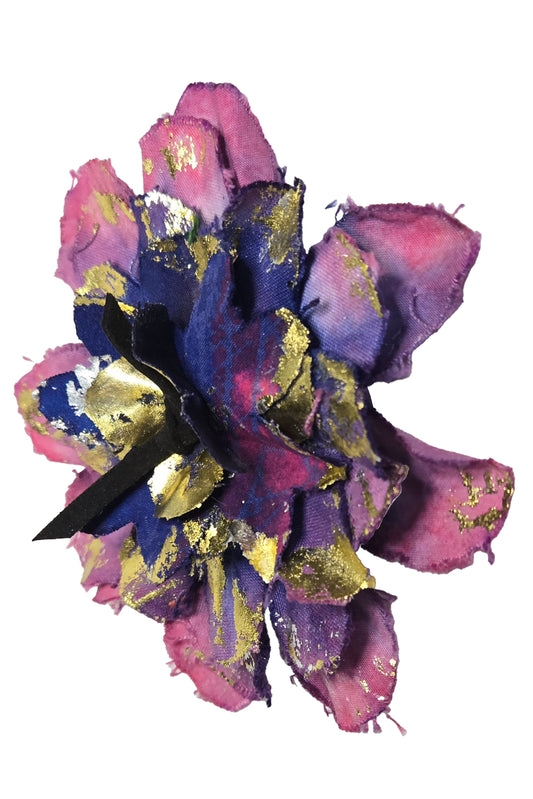 Magnetic Flower Brooch w/ Foil Print - Pink & Purple, Gold