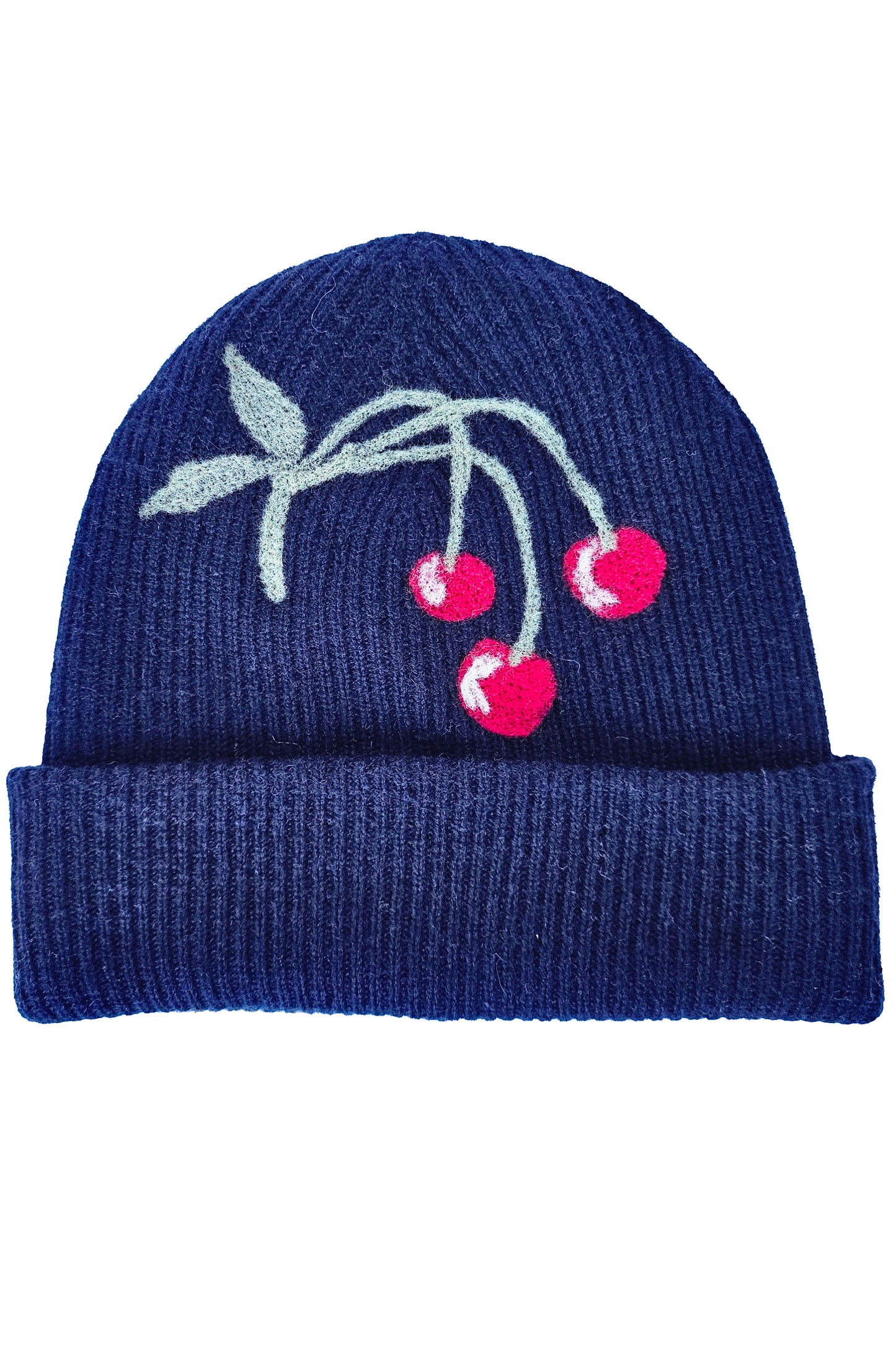 Cashmere Felted Beanie w/ Cherries - Navy