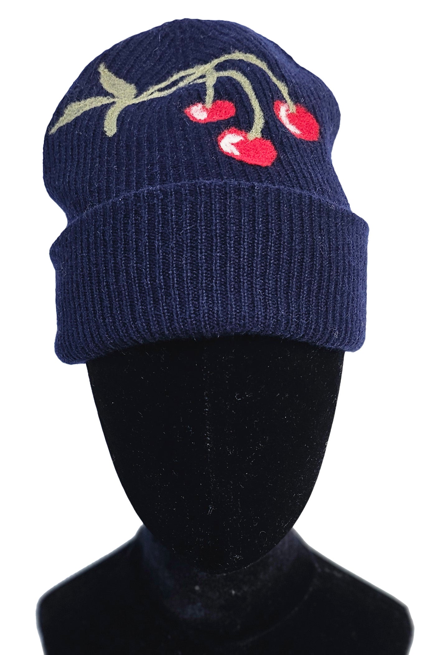 Cashmere Felted Beanie w/ Cherries - Navy