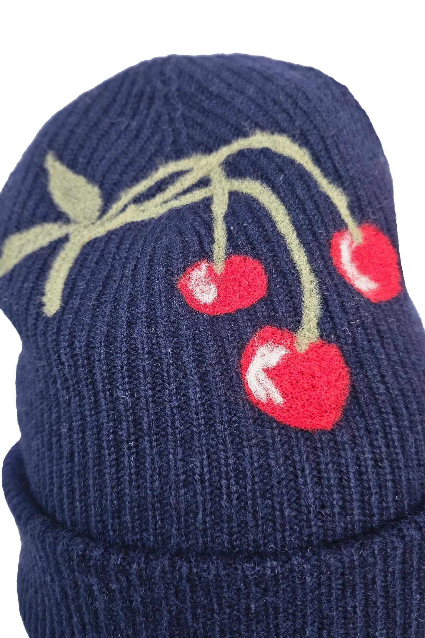 Cashmere Felted Beanie w/ Cherries - Navy