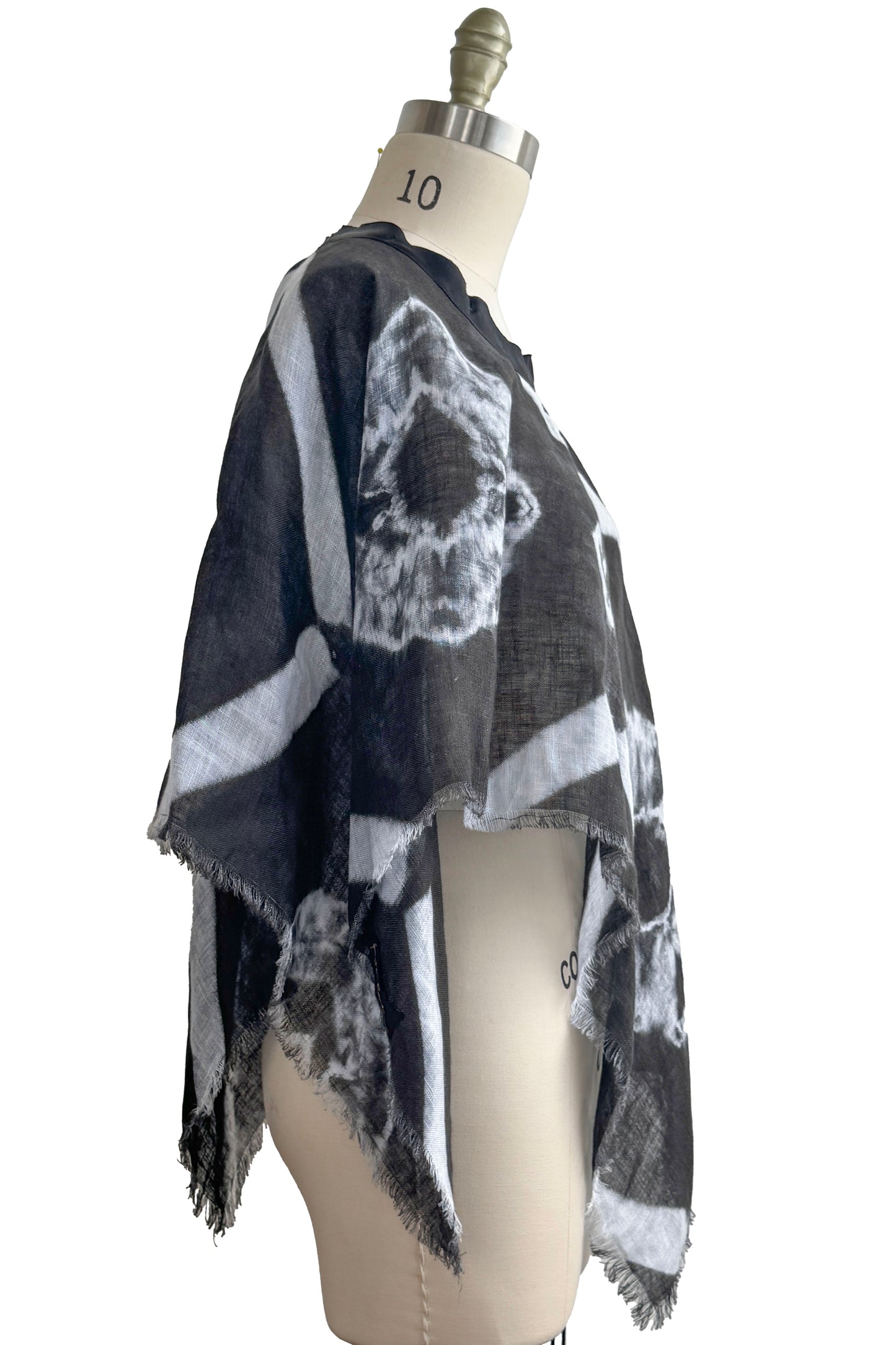 Open Weave Poncho w/ Silk Trim | Open Weave Linen | Itajime & Kumo Dye | Black & White