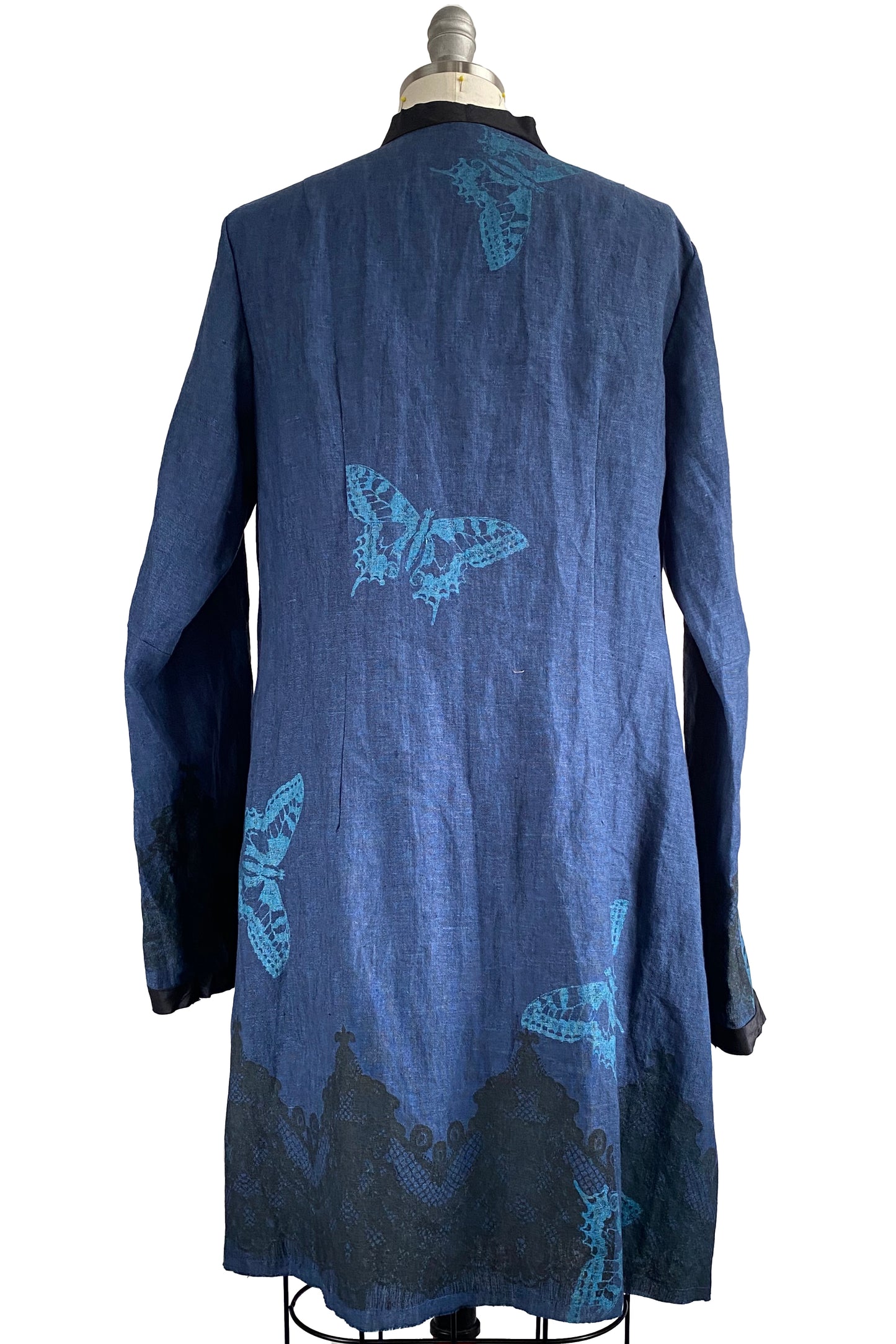 Hampton Coat in Linen w/ Butterfly & Lace Print - Blue - Large