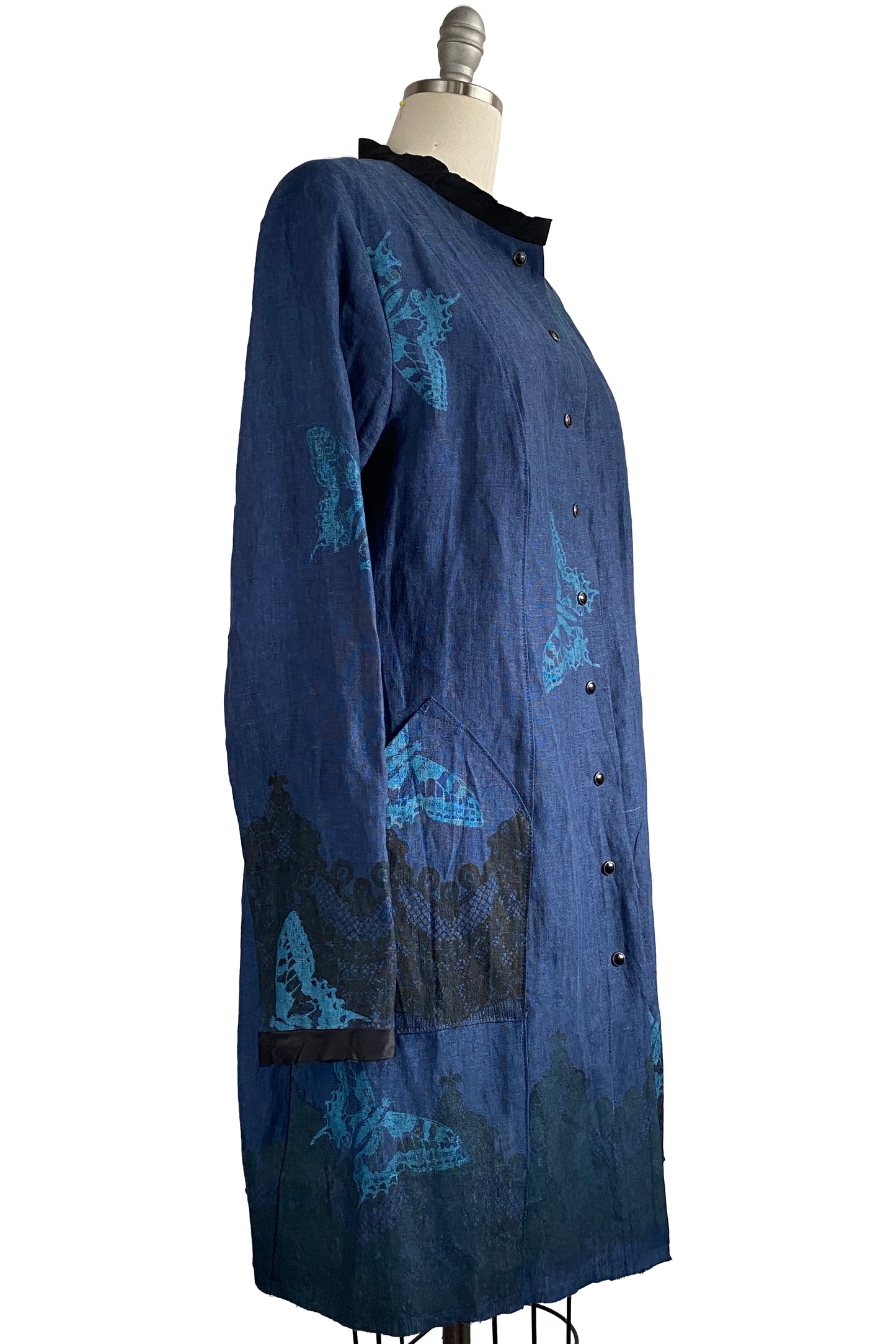 Hampton Coat in Linen w/ Butterfly & Lace Print - Blue - Large