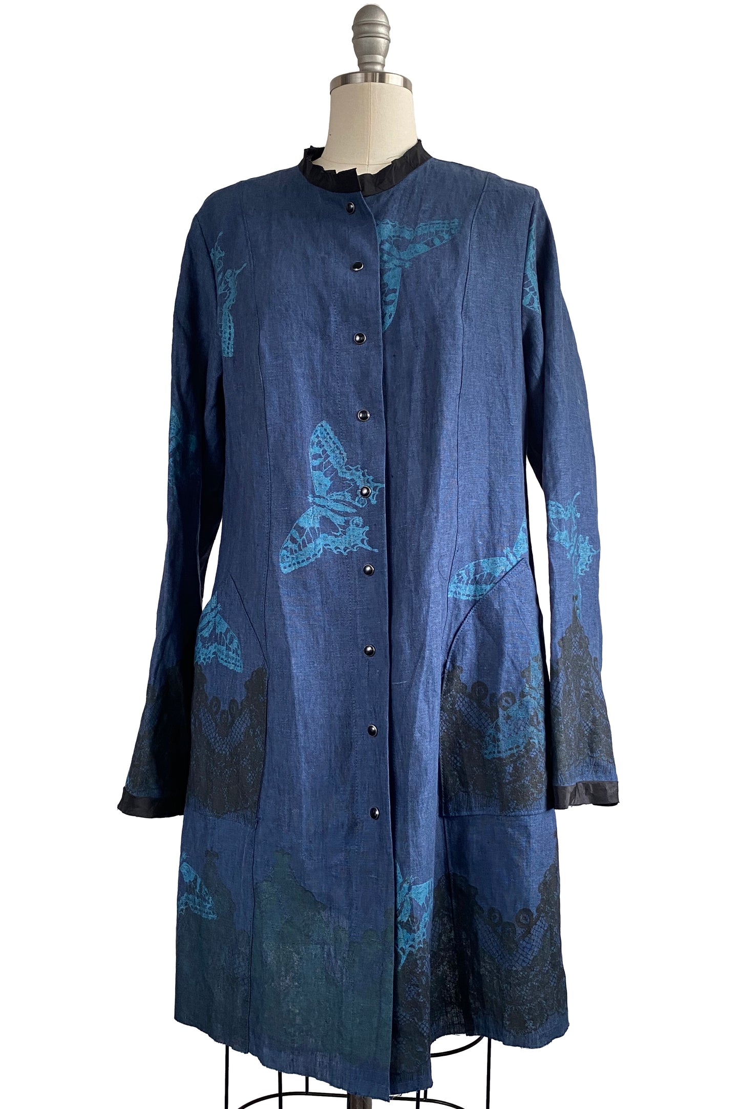 Hampton Coat in Linen w/ Butterfly & Lace Print - Blue - Large