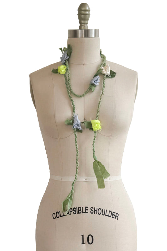 Hand Twisted Rope Flower Lariat | Reclaimed Silk | Green, Light Blue & White