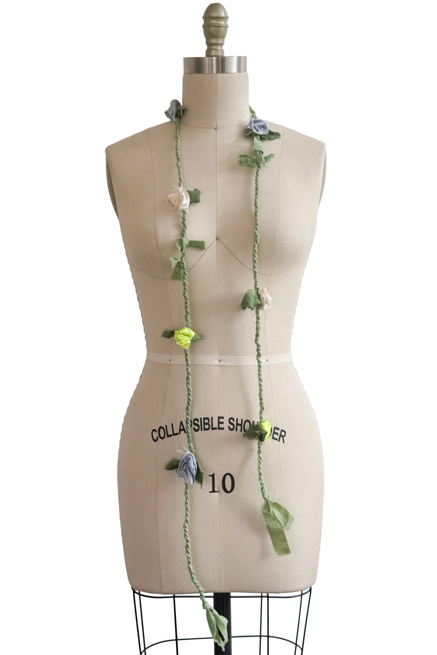 Hand Twisted Rope Flower Lariat | Reclaimed Silk | Green, Light Blue & White