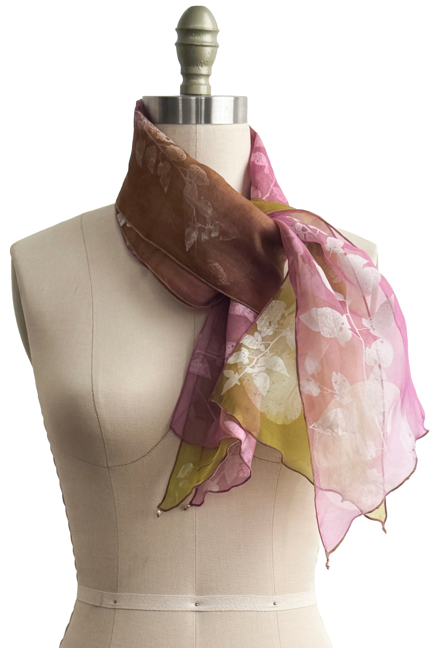 Scarf | Silk Organza | Vine & Moon Print | Yellow & Pink Painted