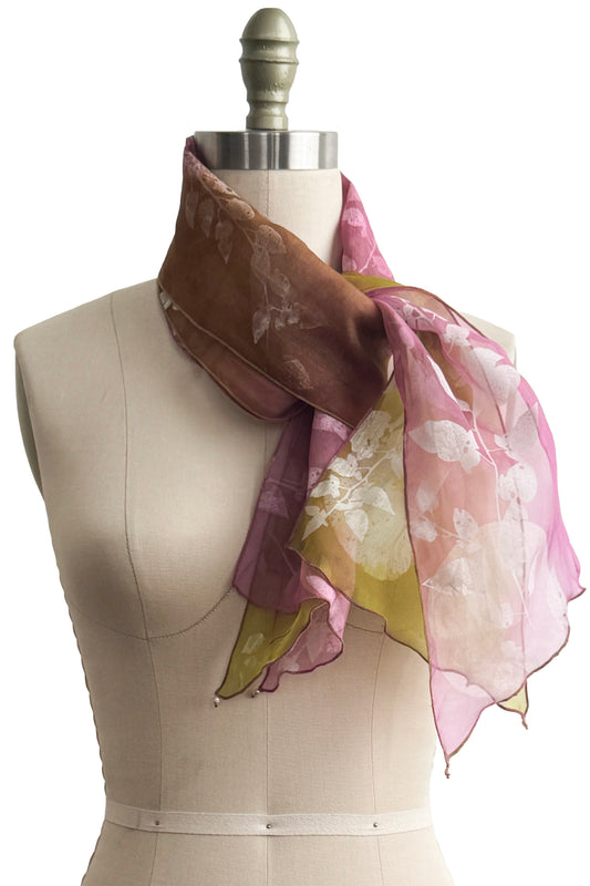 Scarf | Silk Organza | Vine & Moon Print | Yellow & Pink Painted