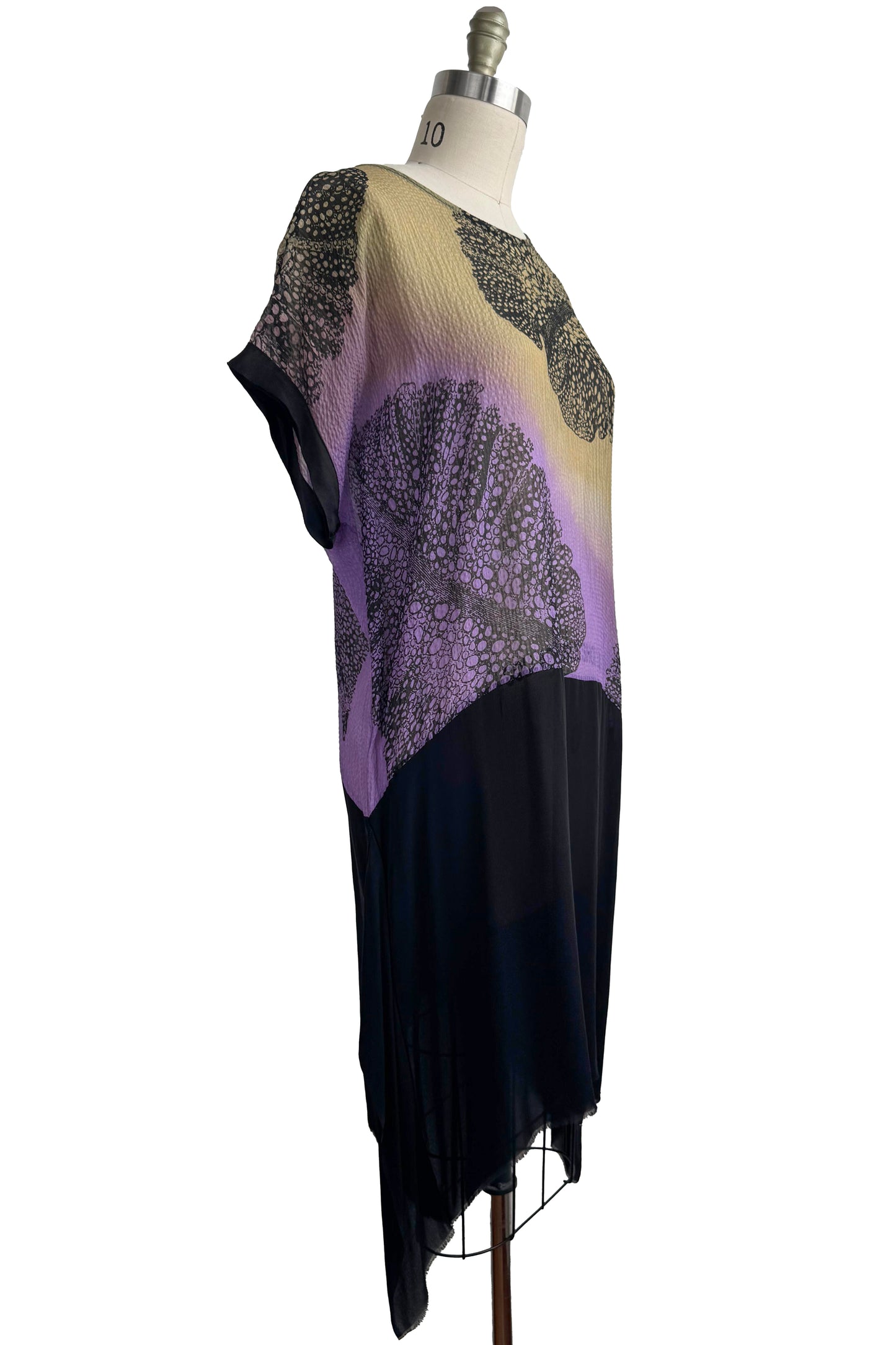 Essa Dress | Seersucker Silk & Silk Georgette | Big Leaf Print  & Ombre Dye | Green & Purple | Medium