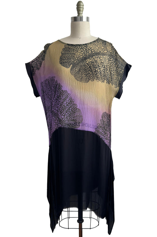 Essa Dress | Seersucker Silk & Silk Georgette | Big Leaf Print  & Ombre Dye | Green & Purple | Medium