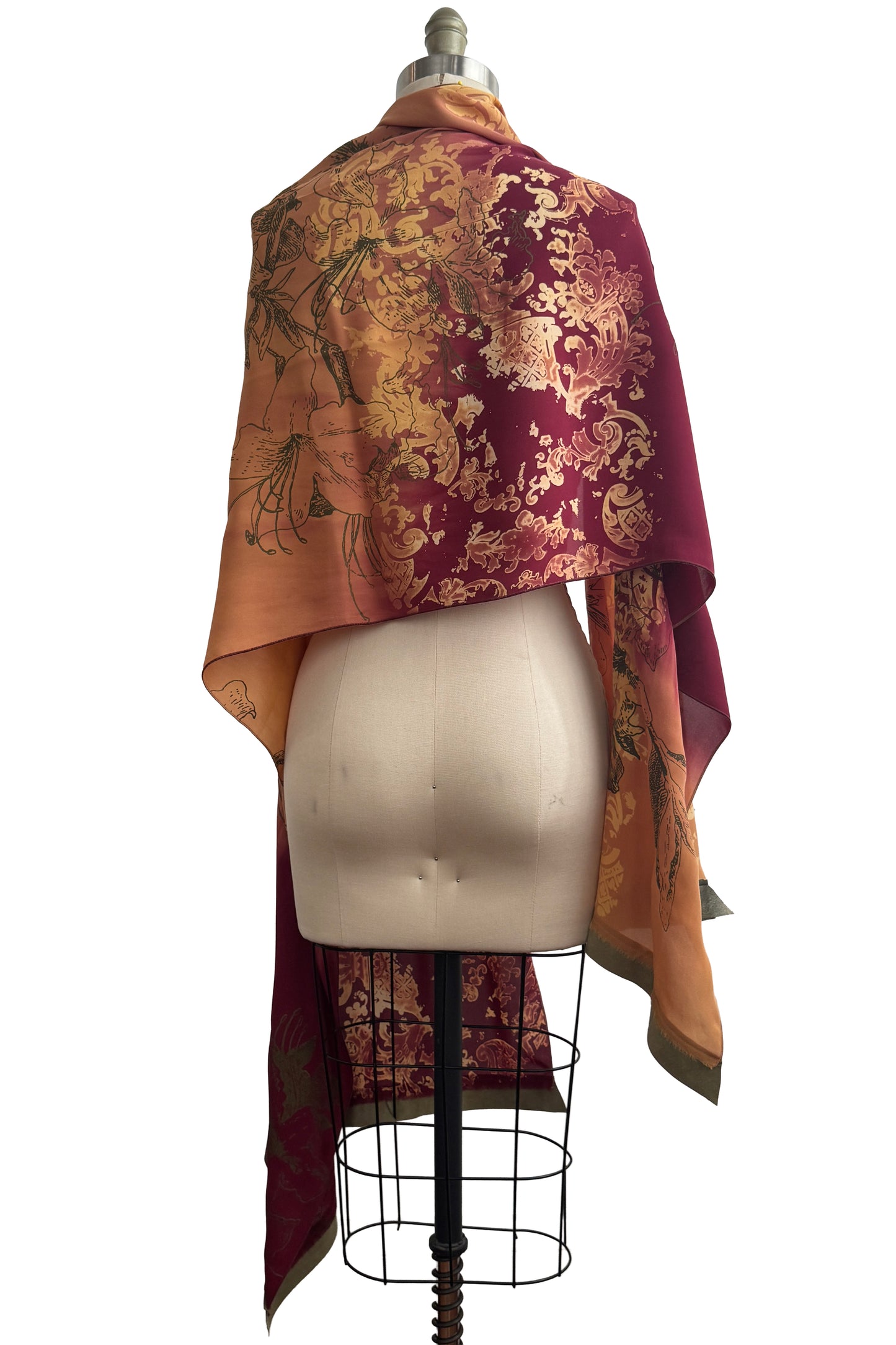 Shawl w/ Leather Trim | Silk Georgette | Wallpaper & Azalea Print | Wine & Tangerine