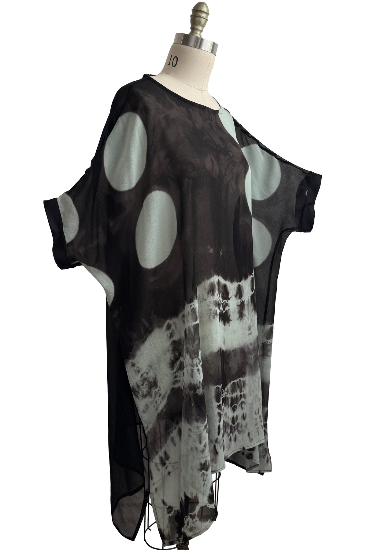 Deb Tunic Dress | Silk Chiffon | Moon Dot Print & River Dye | Black & Natural | One Size