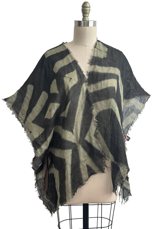 Cover-up w/ Silk Ties | Open Weave Linen | Itajime Dyed | Charcoal & Grey