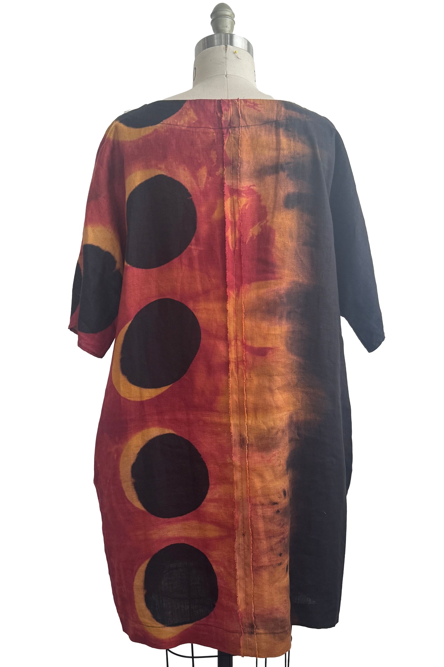 Greg's Dress | Linen | Itajime Dyed Circles | Black, Orange & Natural | One Size \ Medium