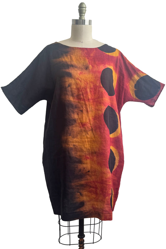 Greg's Dress | Linen | Itajime Dyed Circles | Black, Orange & Natural | One Size \ Medium