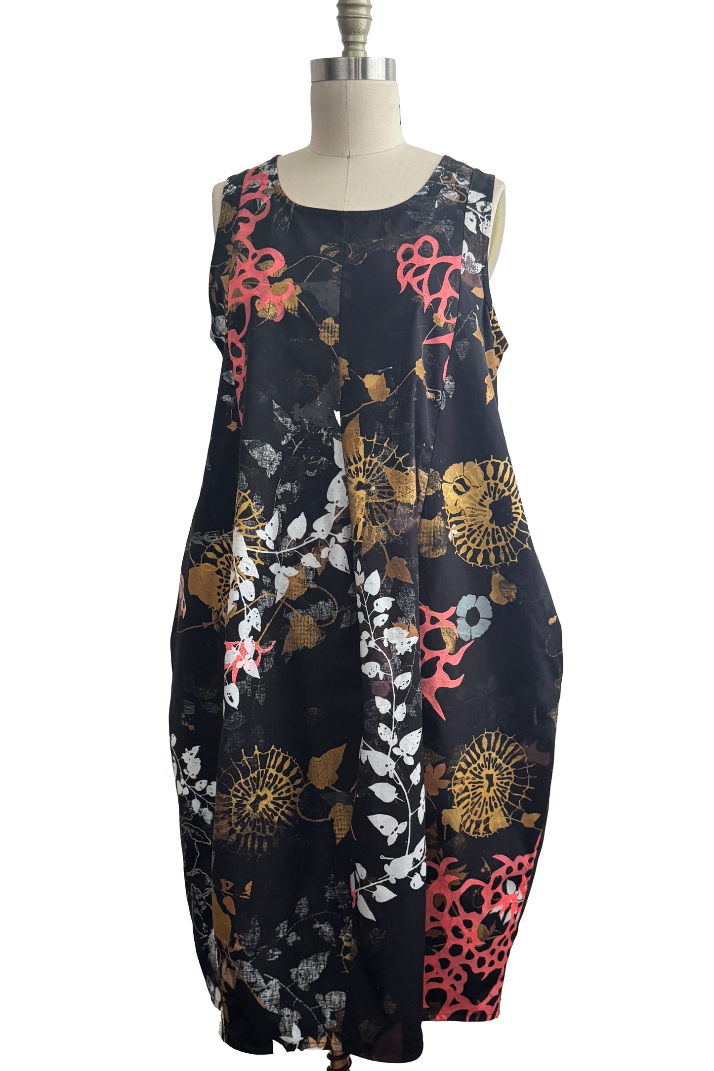 Plum Dress | Cotton | Oceana & Vines Print | Black, Coral & Gold | Medium