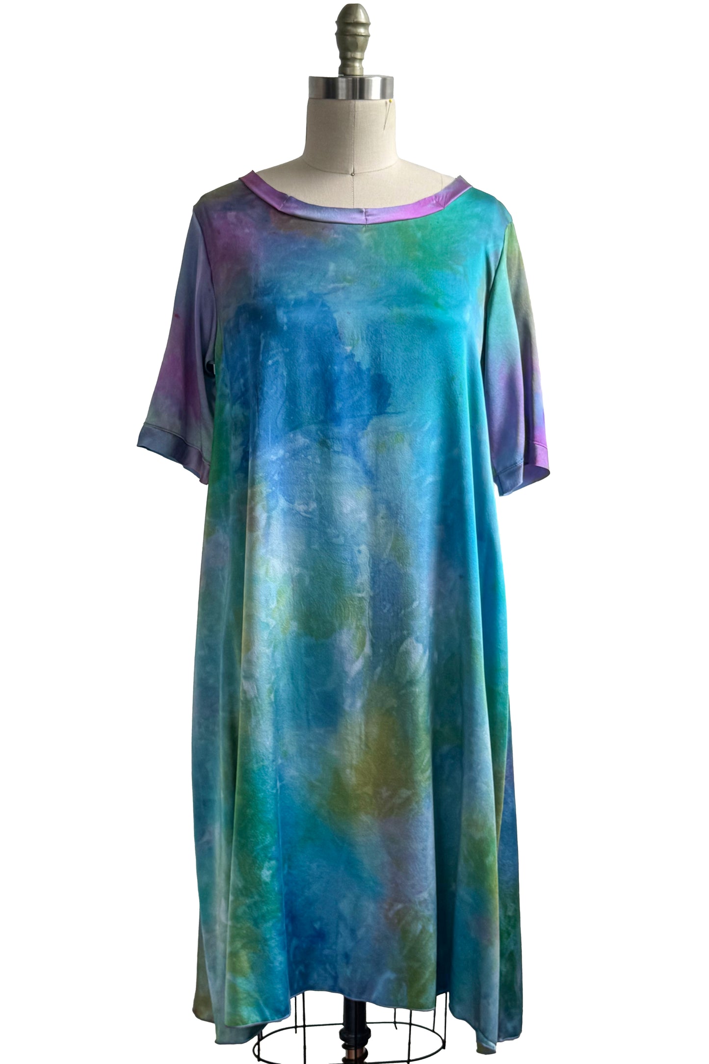 Jazzy Fest Dress | Silk | Painted Dye | Turquoise, Purple, Blue & Green | Small