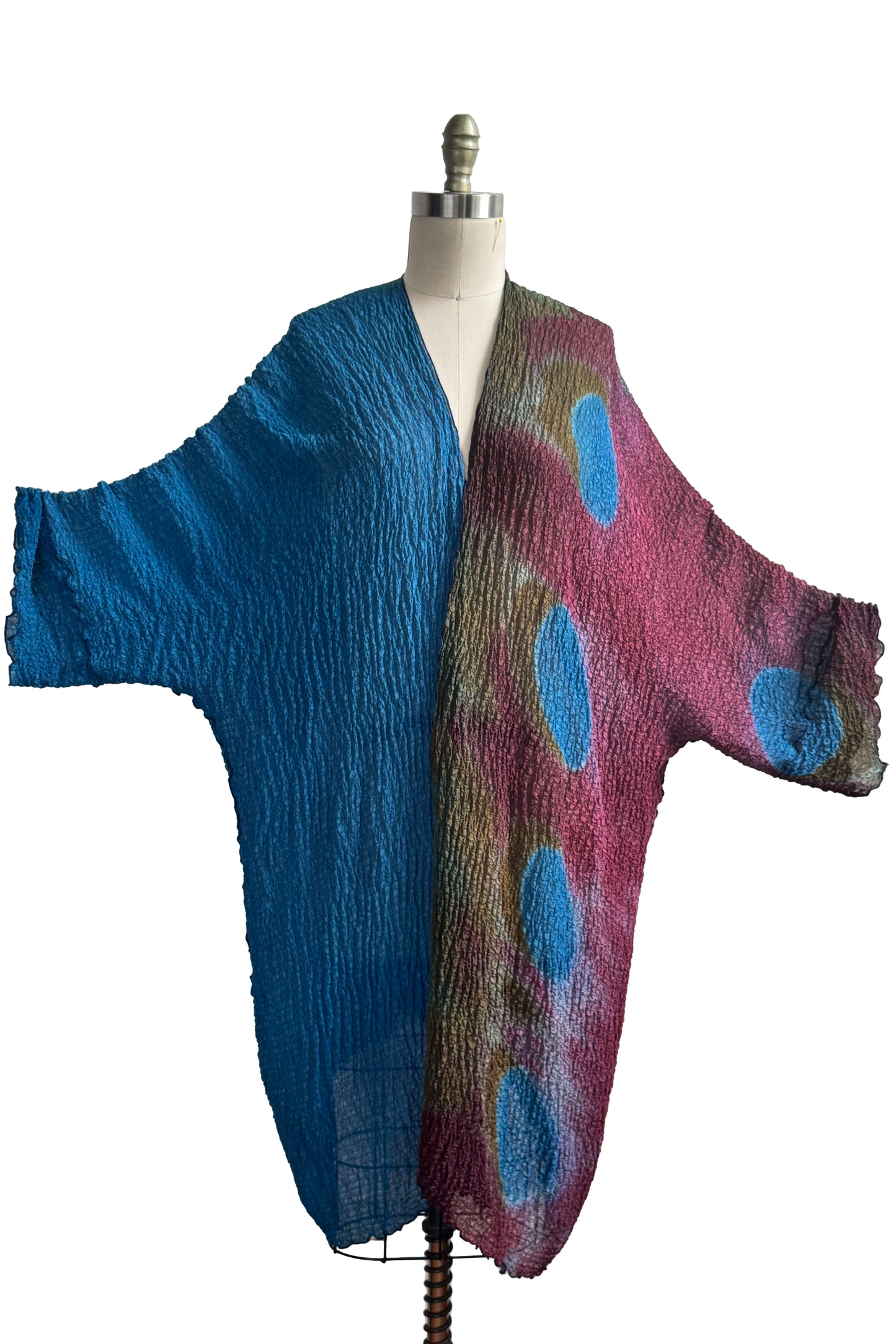 Lundy Duster | Waffle Textured Silk | Itajime Dye | Turquoise Blue, Red & Olive