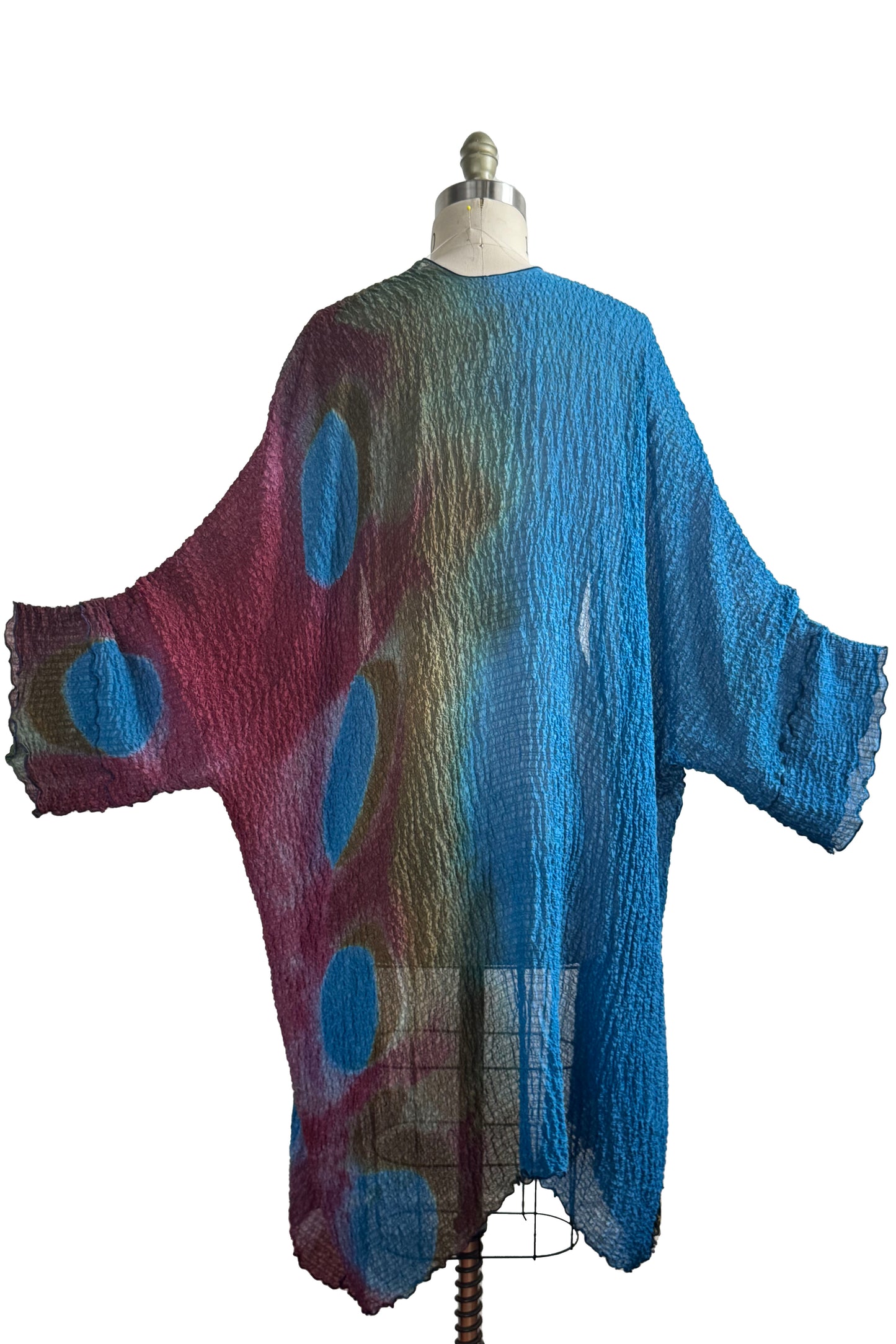 Lundy Duster | Waffle Textured Silk | Itajime Dye | Turquoise Blue, Red & Olive