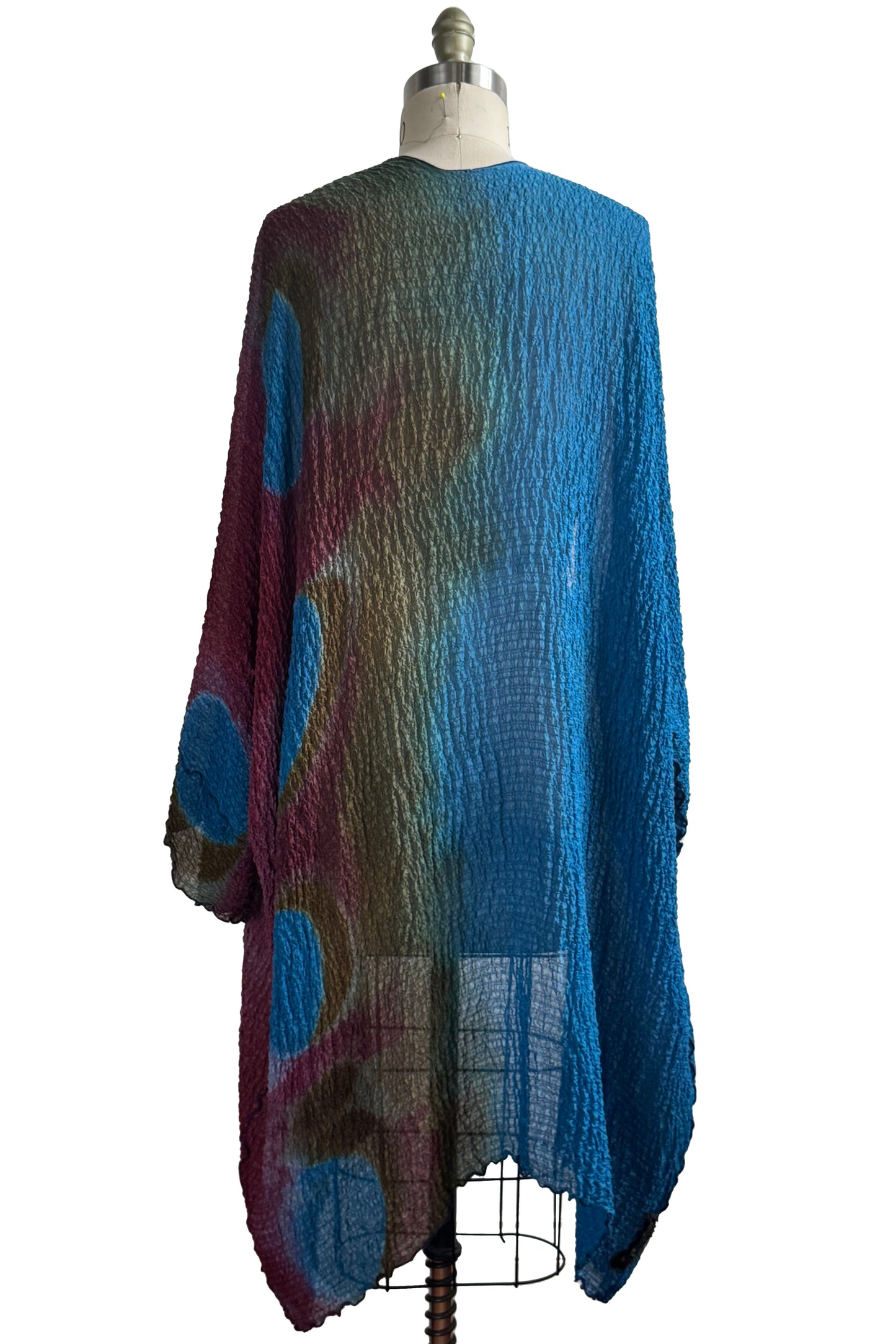 Lundy Duster | Waffle Textured Silk | Itajime Dye | Turquoise Blue, Red & Olive