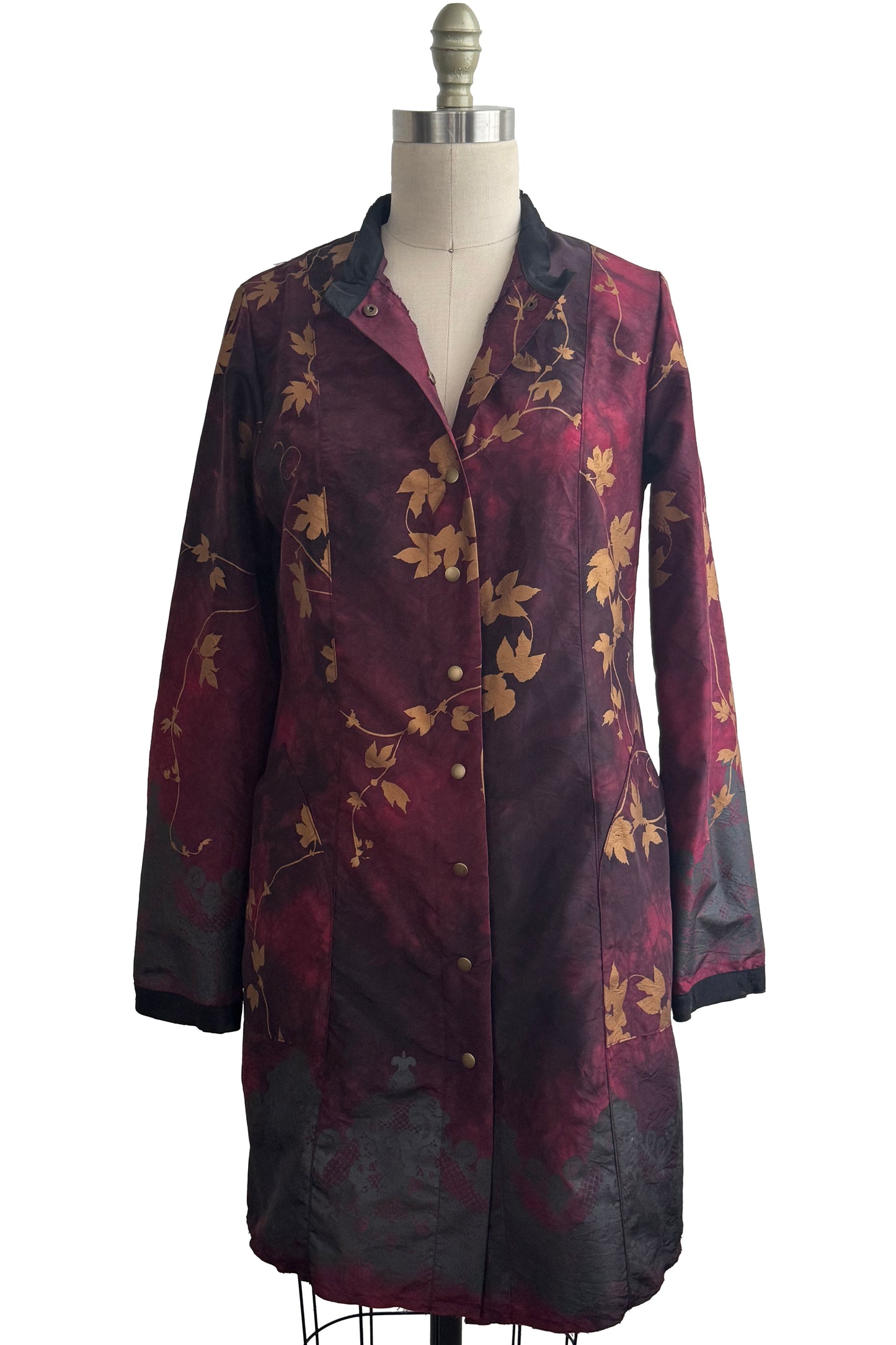 Hampton Coat | Silk Taffeta | Hops Vine Print | Burgundy, Black & Gold | Medium