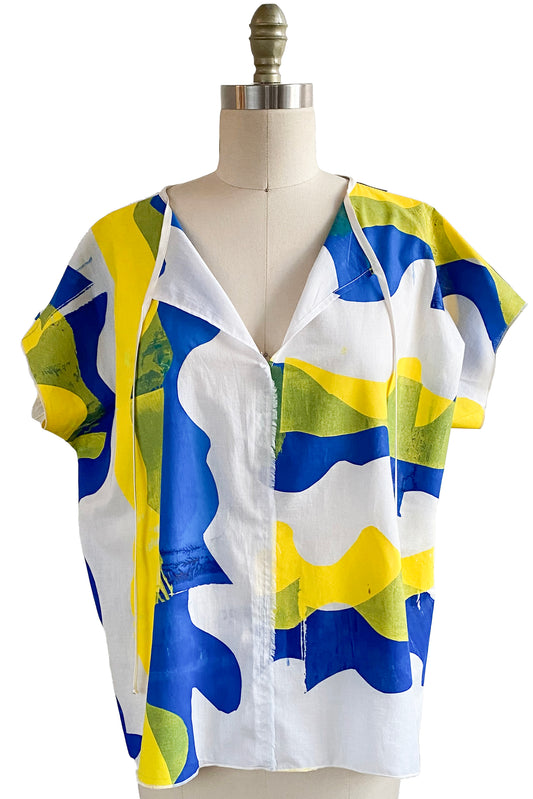 Jo Top | Cotton | Papercut Print | White, Yellow & Blue | Small