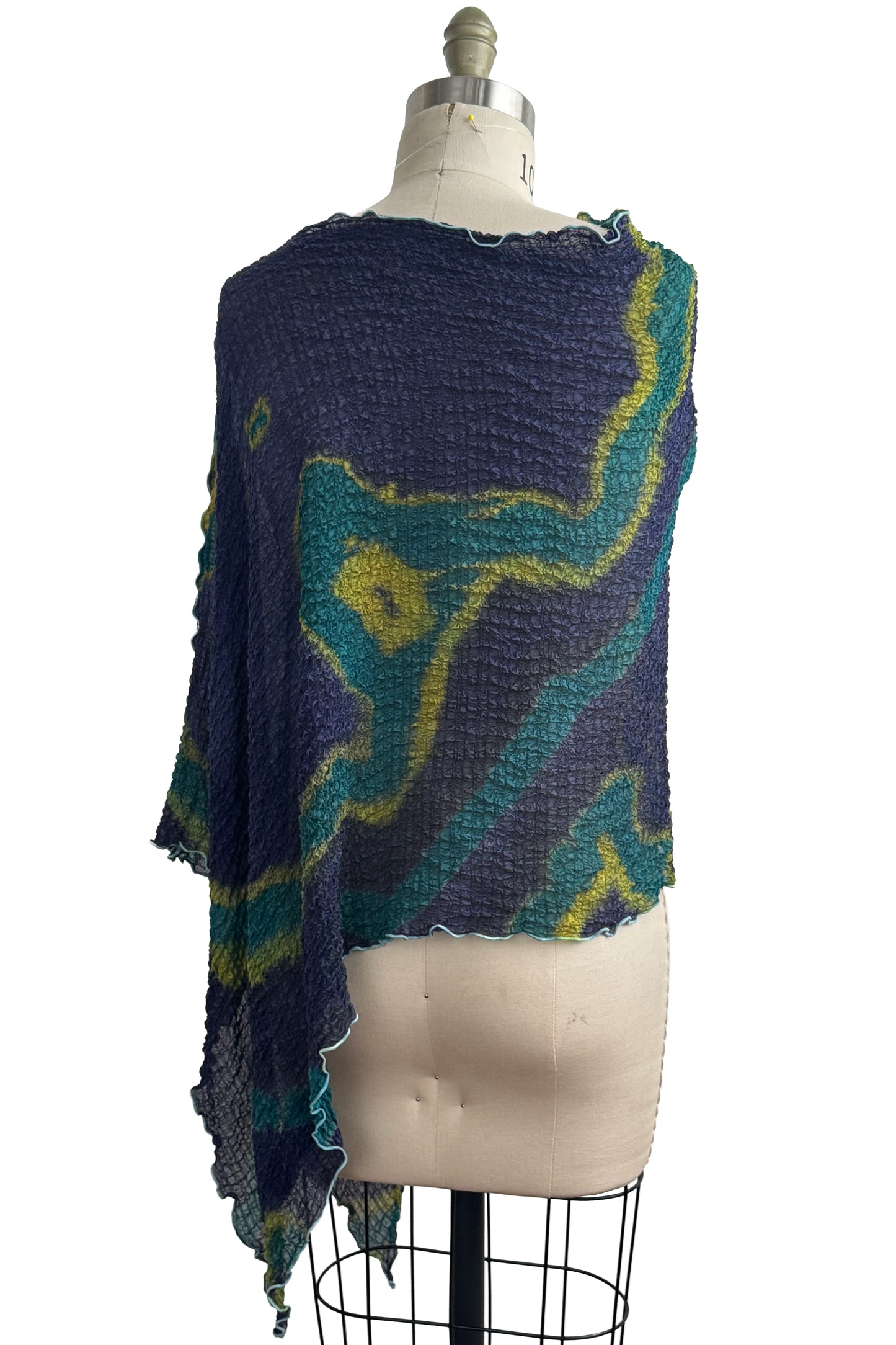 Asymmetrical Layover Poncho | Waffle Textured Silk | River Dyed | Blue, Turquoise & Yellow