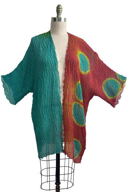 Lundy Duster | Waffle Textured Silk | Itajime Dye | Turquoise, Rust & Yellow