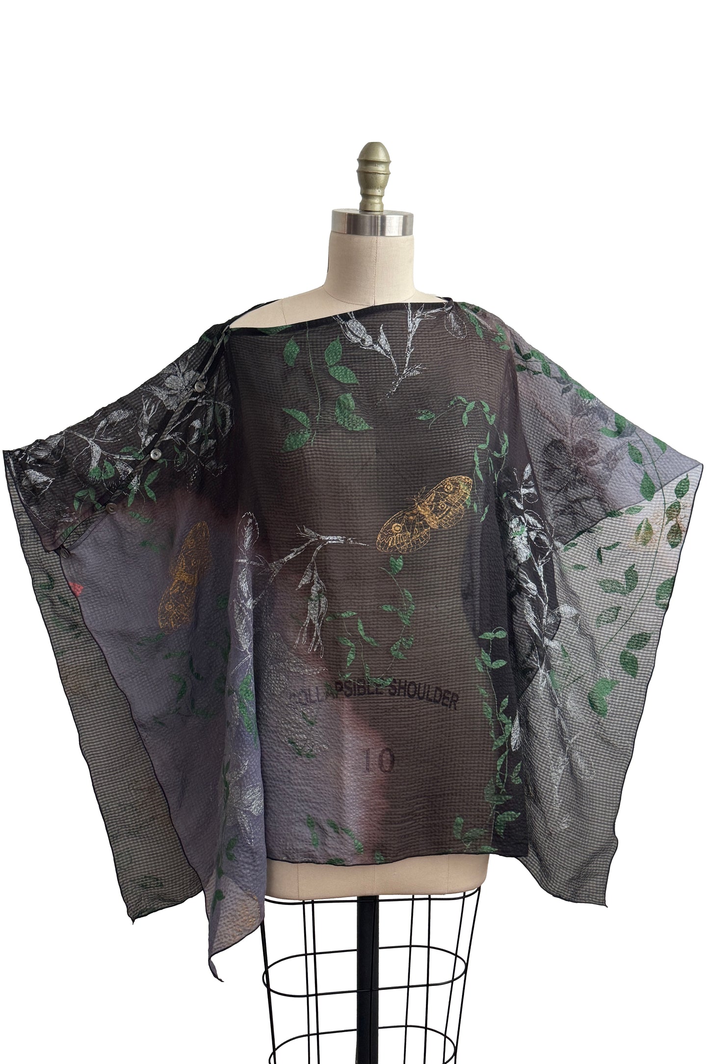 Button Drape | Seersucker Silk | Vines & Moth Print | Black & Purple