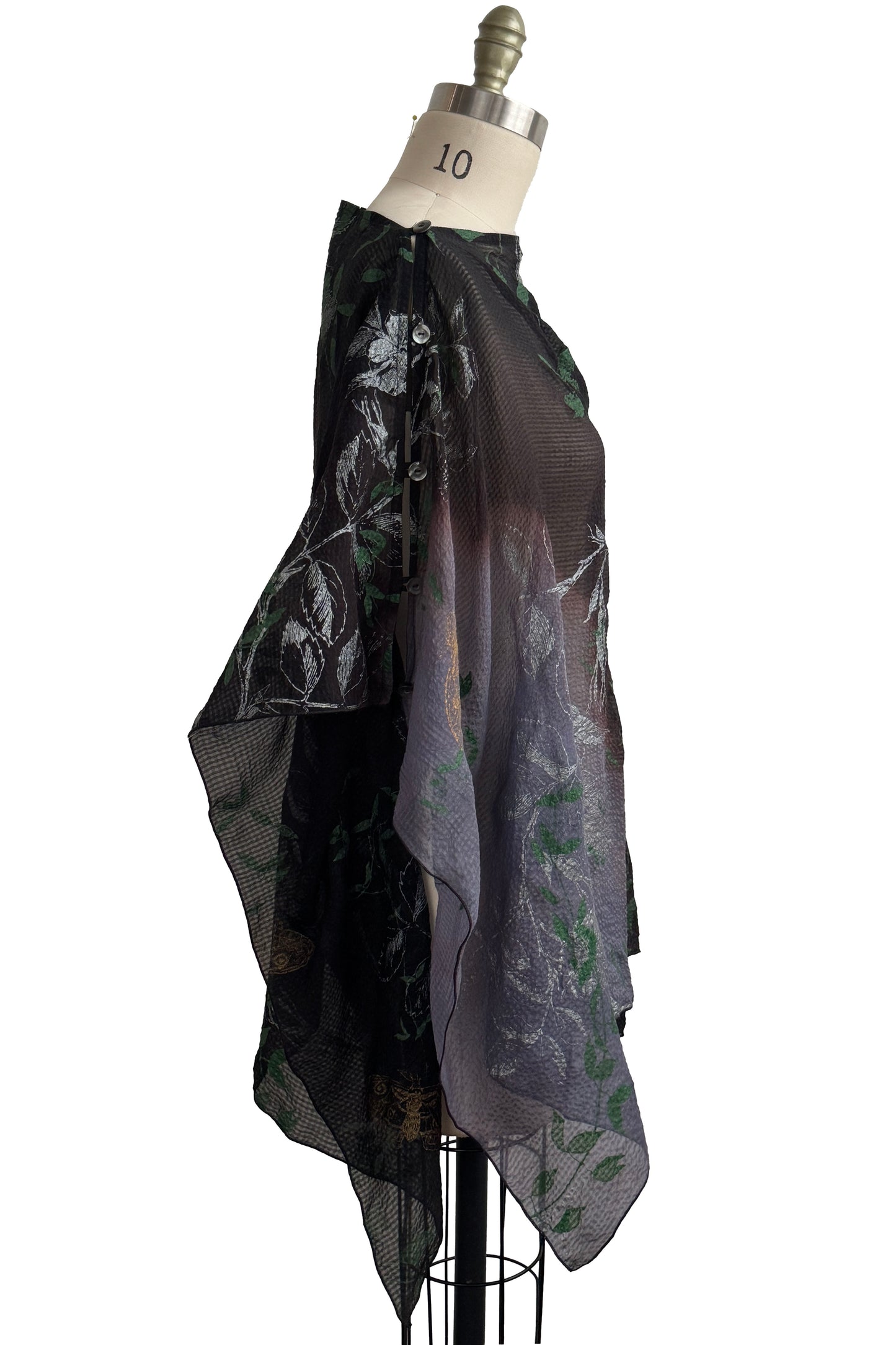 Button Drape | Seersucker Silk | Vines & Moth Print | Black & Purple