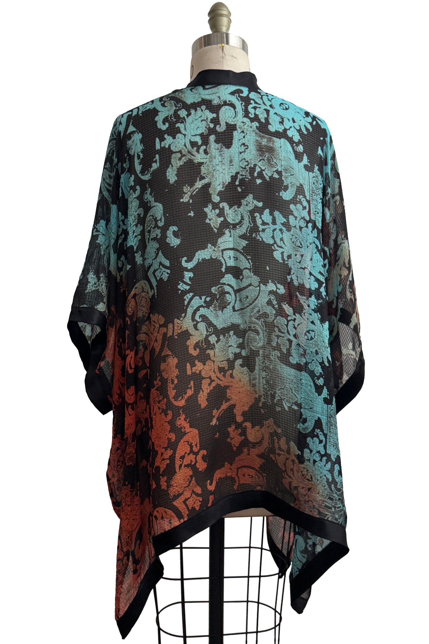 Lucianne Drape | Seersucker Silk | Wallpaper Print | Black, Orange & Turquoise
