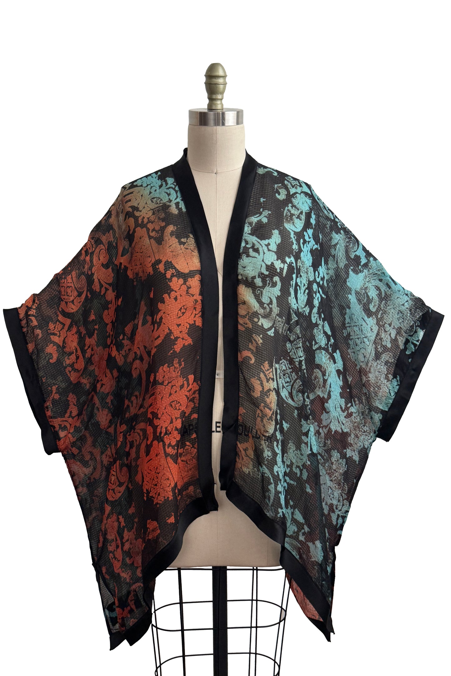 Lucianne Drape | Seersucker Silk | Wallpaper Print | Black, Orange & Turquoise