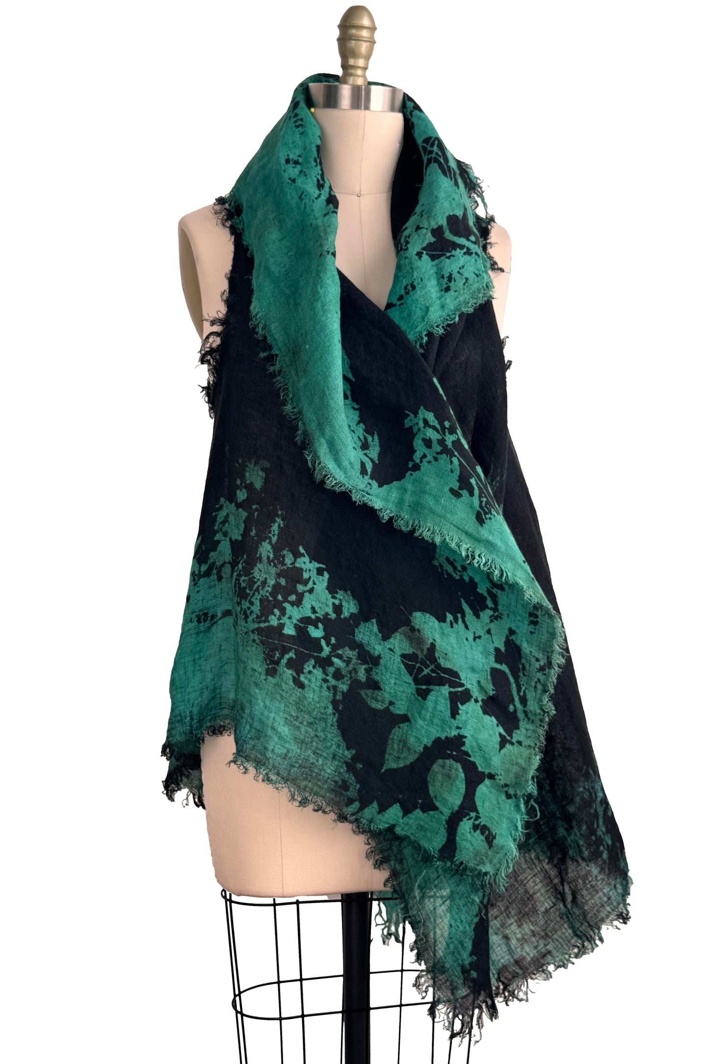 Asymmetrical Wrap Vest | Open Weave Linen | Bramble Print | Black & Green