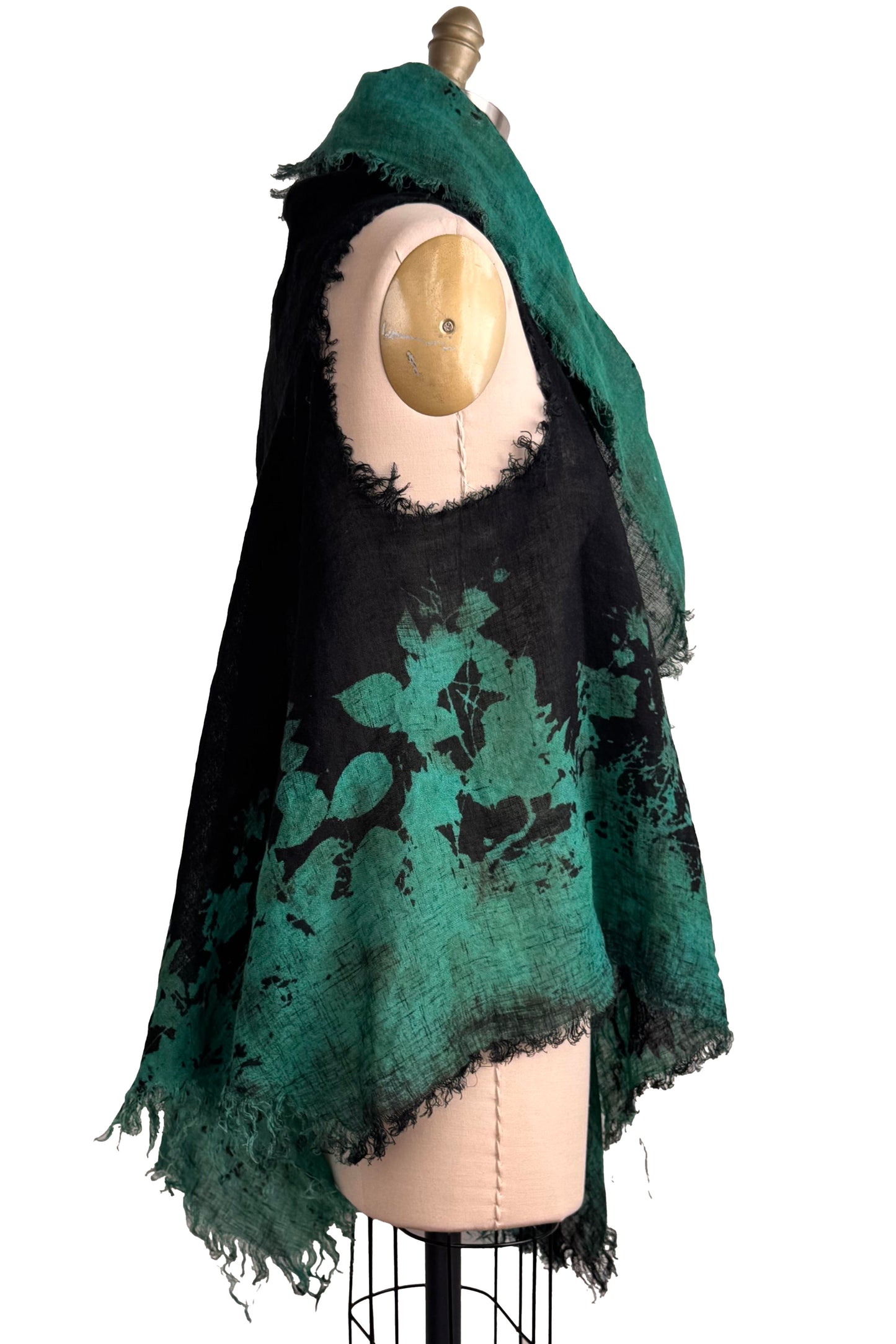 Asymmetrical Wrap Vest | Open Weave Linen | Bramble Print | Black & Green