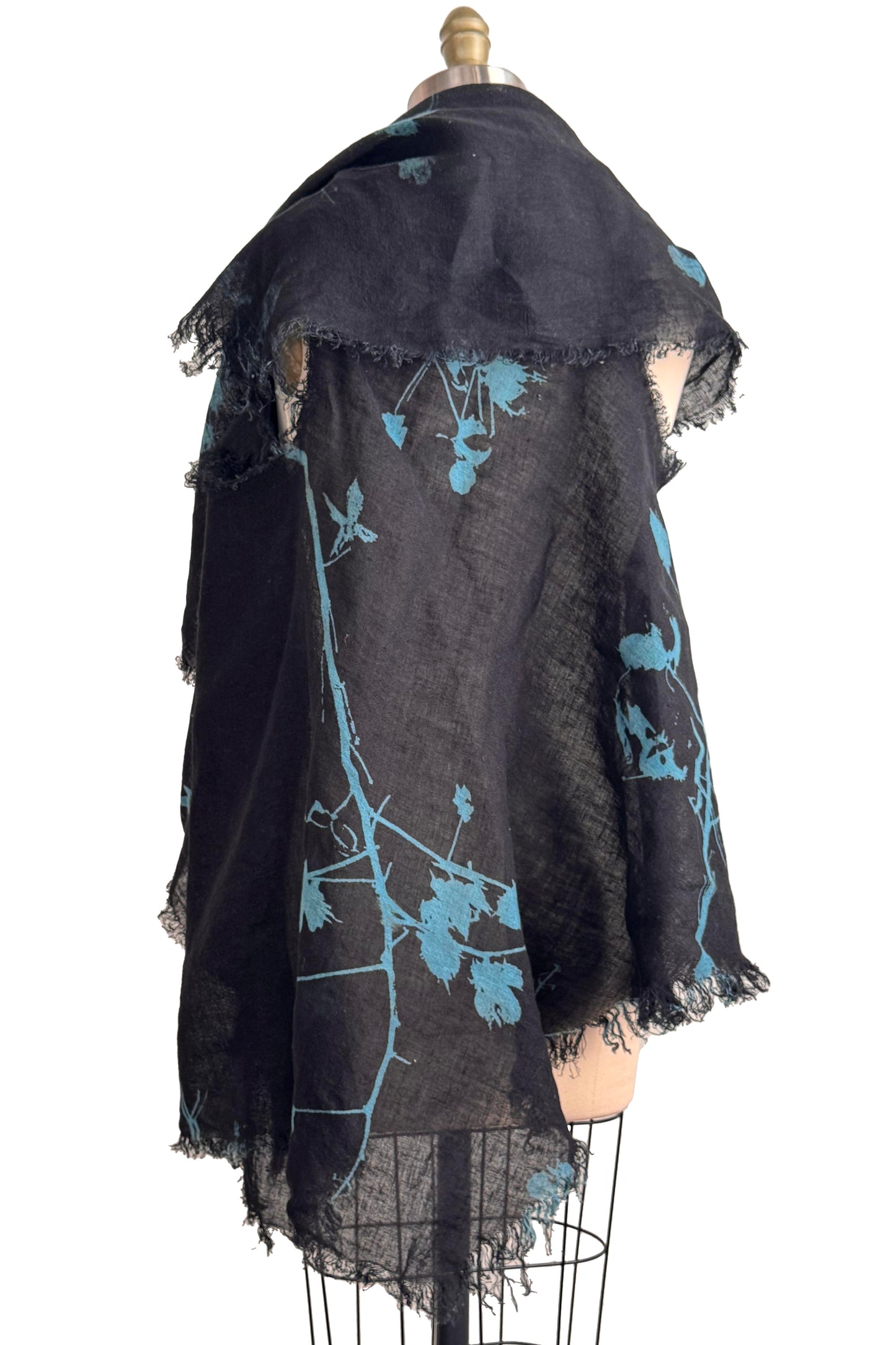 Asymmetrical Wrap Vest | Open Weave Linen | Cotton Print | Black & Turquoise