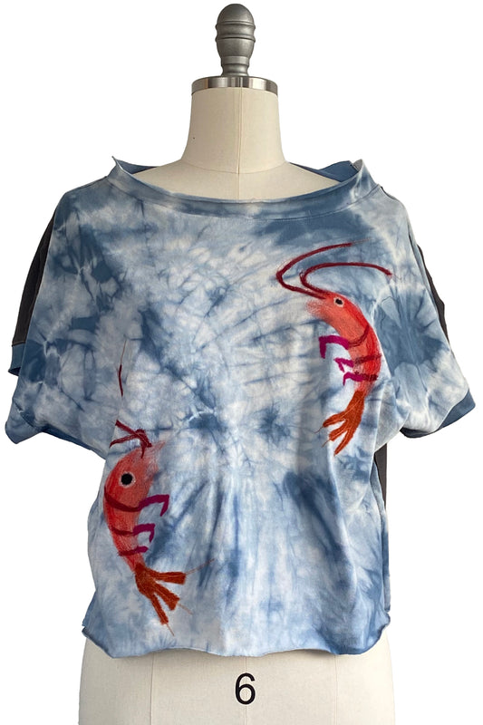 Jen Top | Organic Cotton Jersey | Needle Felted Crawfish | White, Orange & Blue | Medium